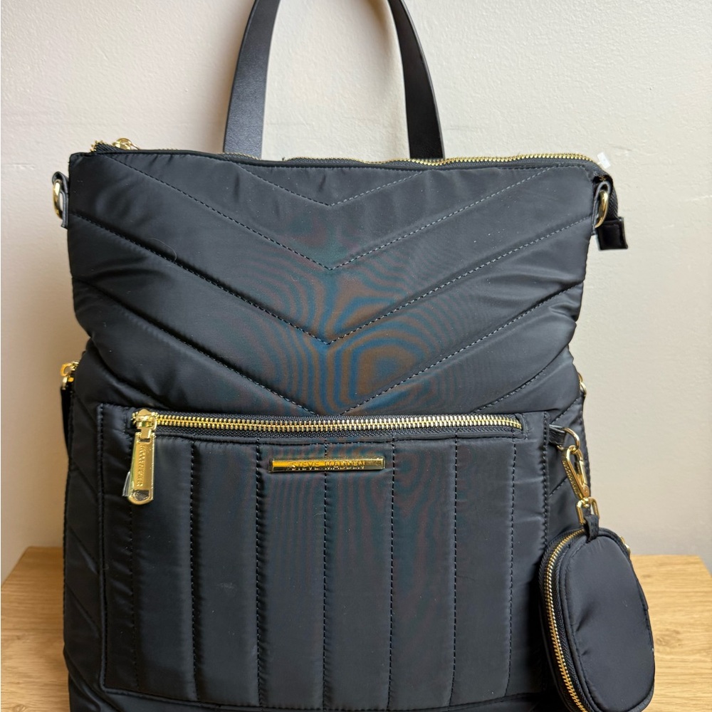 Steve Madden Black Quilted Backpack with Gold Accents